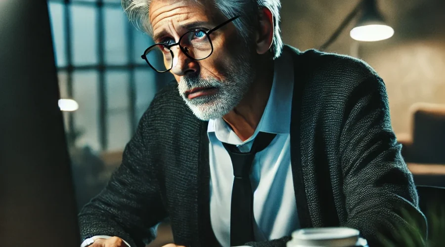 DALL·E 2024-09-13 15.03.14 - An older gentleman sitting at a desk, looking exhausted while working at a computer. He has gray hair, slightly slouched posture, and wears glasses. H