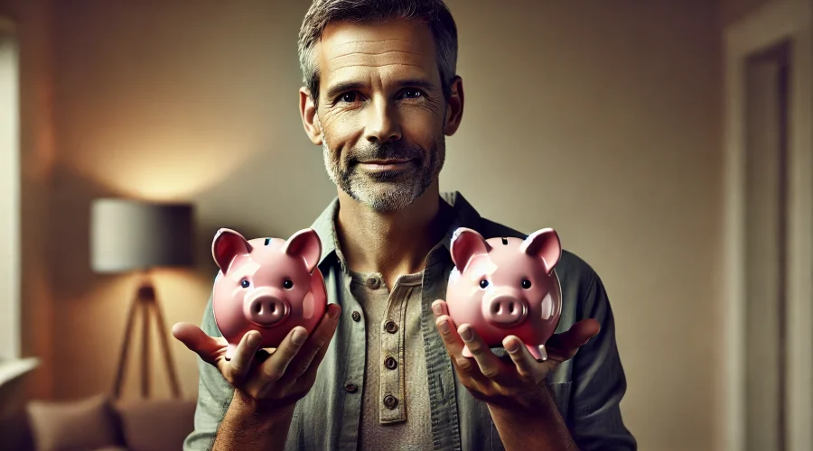 DALL·E 2025-02-03 17.03.17 - A realistic photograph of a man in his 40s holding two piggy banks, one in each hand. He has short, slightly graying hair, a friendly expression, and